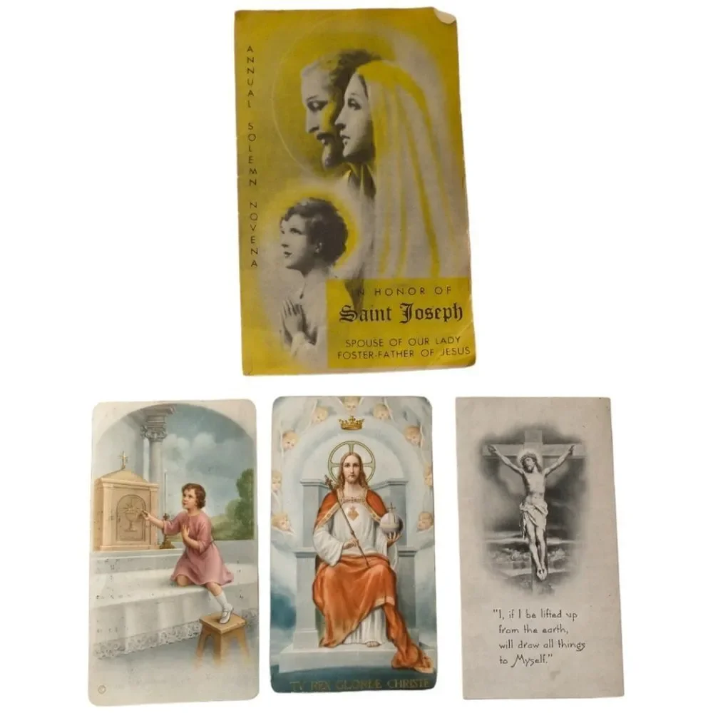 4 Vtg Catholic Prayer Cards Lot St Joseph Sacred Heart Jesus Crucifix Lithograph